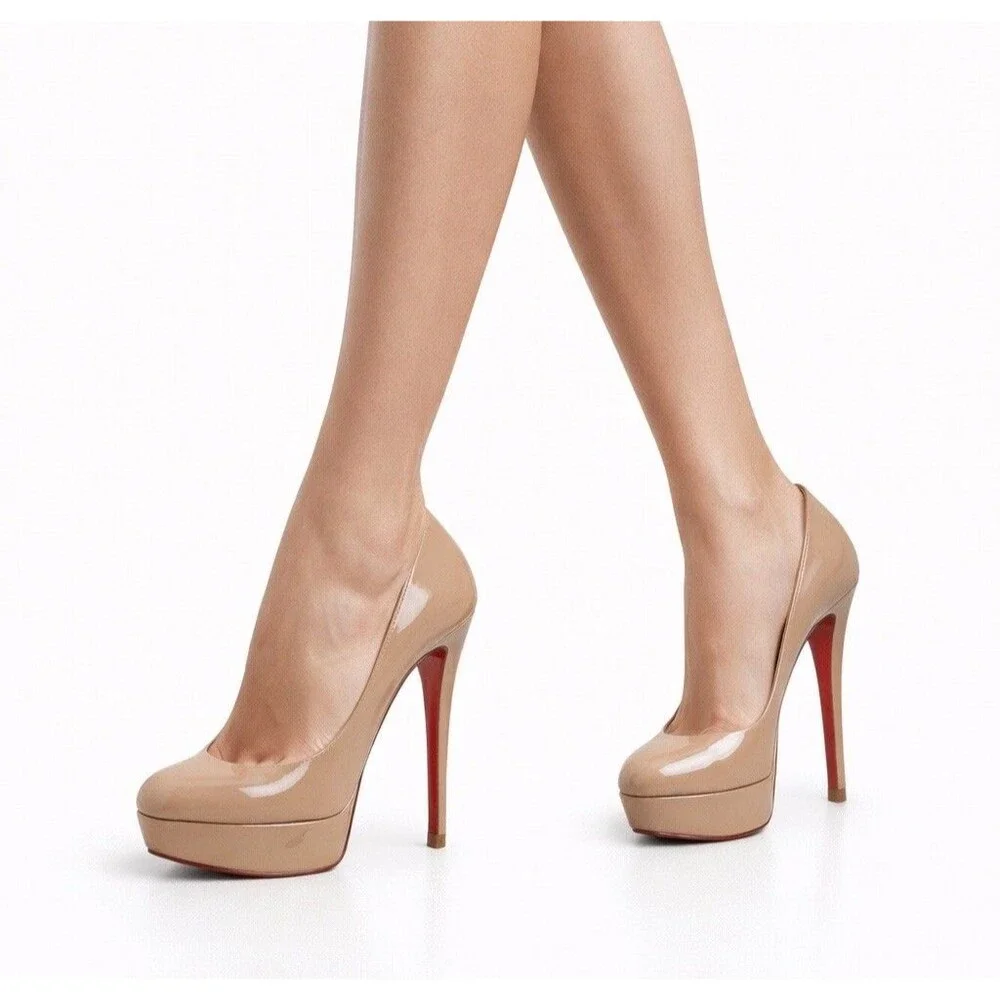 Christian Louboutin Nude Patent Platform Pumps Size 37.5 Red Sole Heels Auth